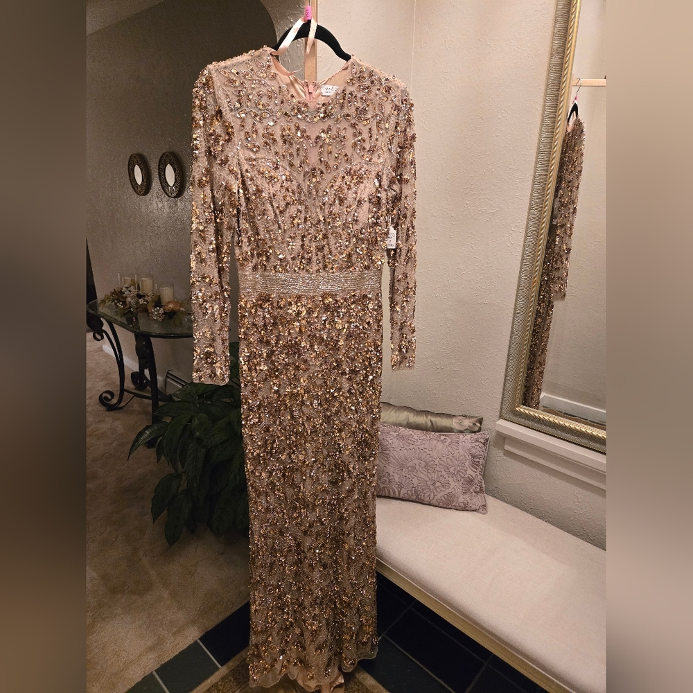 Mac Duggal MOCHA Hand Embellished Long Sleeve Gown 5453 WomanS  SIZE 8 Dress NWT